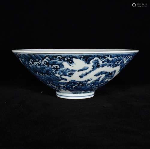 Blue and white sea dragon bowls, 8.5 x 22.7
