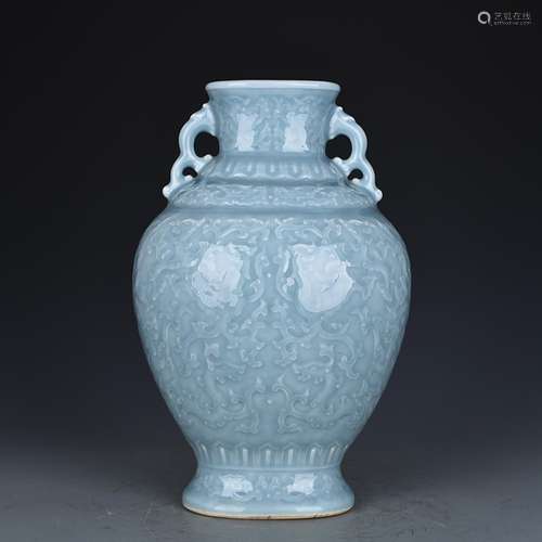 Powder blue glaze carving therefore dragon ears flat bottles...