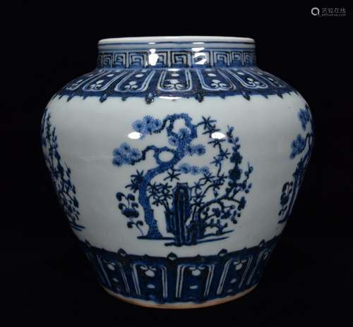 Blue and white shochiku fact MeiWen jar 21 * 22