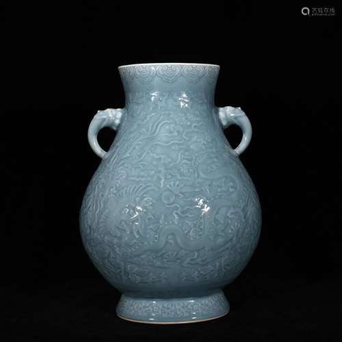 Powder blue glaze carved dragons and phoenixes grain ears fl...