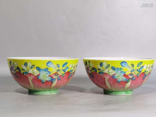 Pastel yellow and miscellaneous flower lotus bowl of a pair ...