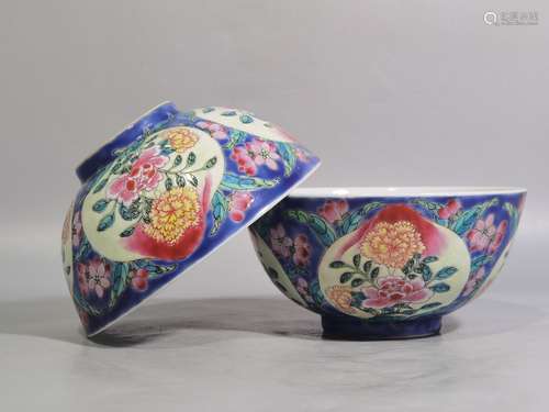 To peach colored enamel blue bowl of a pair of high caliber ...