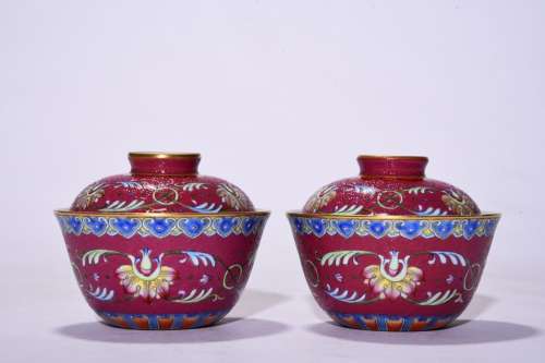 Flower pattern where carmine tureen pair, high 8 cm, diamete...