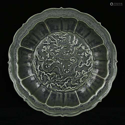 Green glaze carving YunLongWen ling mouth tray5 cm diameter ...