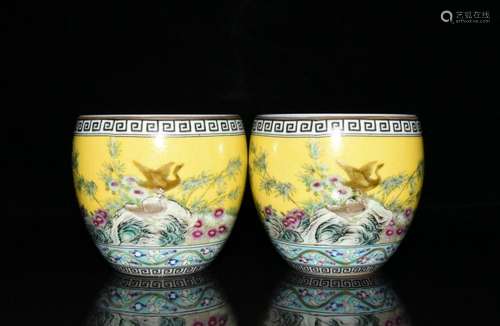 Yellow glaze powder enamel cup a pair of 7.8 x8.8 1500 cm