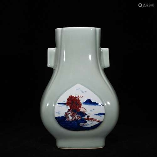 Pea green glaze medallion blue-and-white youligong landscape...