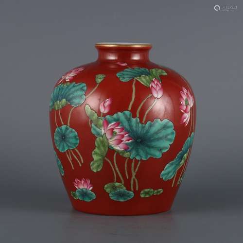 Coral red bottom enamel lotus pattern canister.Size: 16 ㎝ ca...