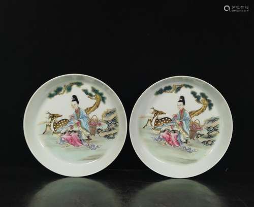 , pine green enamel plate pair of characters, height 3.6 ㎝, ...