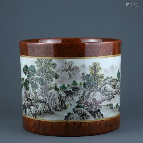 Figure brush pot - grained glaze pastel landscape characterH...