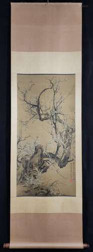 Wang Shishen plum figure vertical silk painting painting hea...