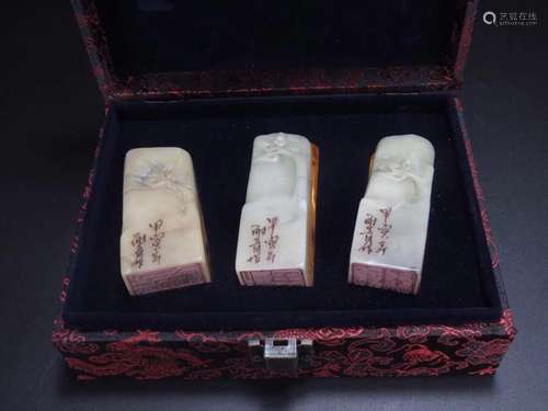 Shous stone carved bamboo grain seals tripletsSize: high 7.1...