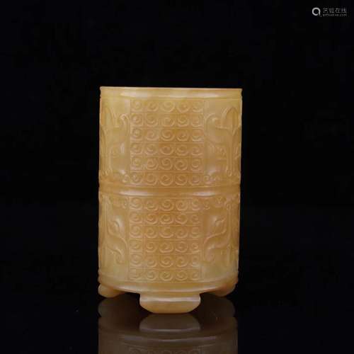 Old hetian jade beast moire pen container size: high: 8 cm d...