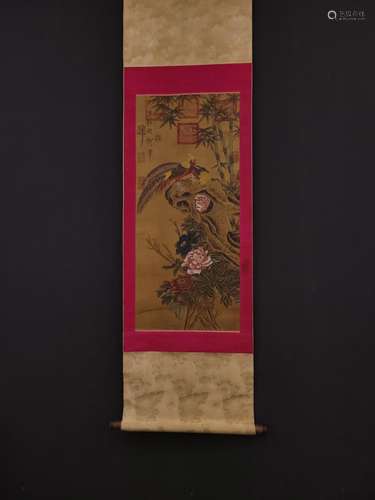 Silk scroll painting of flowers and vertical shaftHeart size...