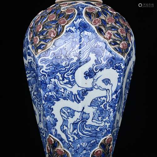 Blue youligong water carved white dragon grain eight Fang Me...