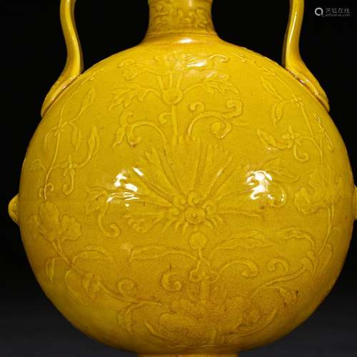 Jiao yellow glaze carving flower grain satisfied ear flat bo...