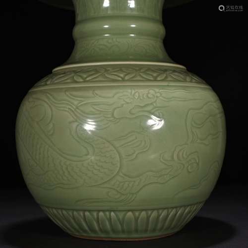 Longquan celadon plum green glaze carving dragon mouth bottl...