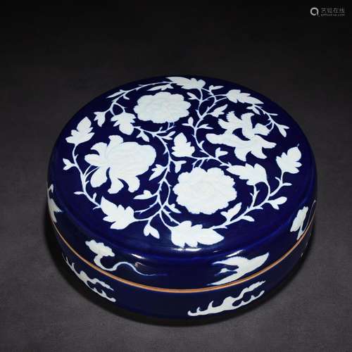 The blue glaze carving around peony lines inkstone ink cartr...