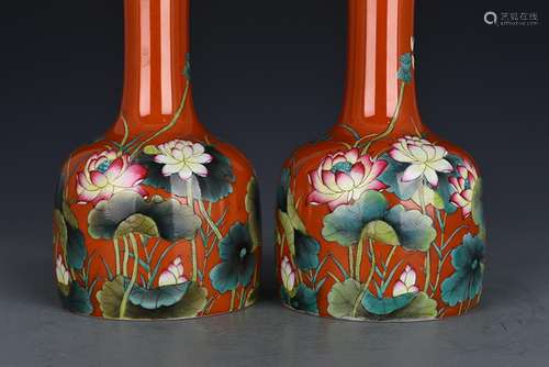 Red pastel lotus patterns a bell and a bell jar antique anti...