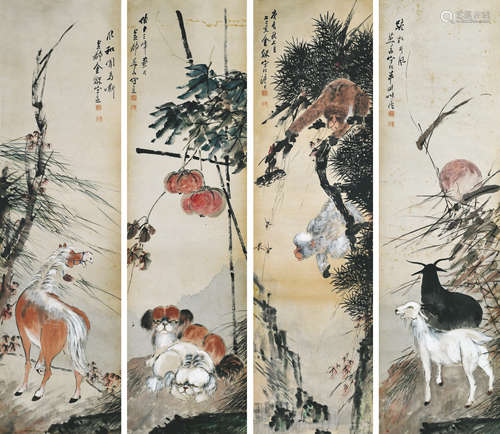 金梦石(1869-1952)花鸟四屏