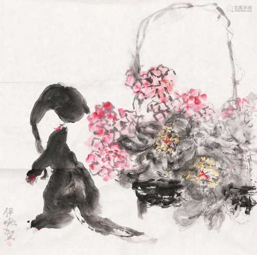 汪伊虹（b.1941） 菊猫图 设色纸本镜芯