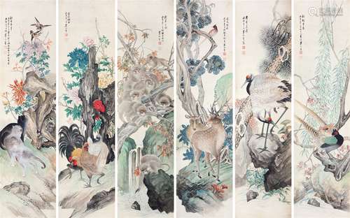 吴伯年（1891－1975） 花鸟六屏 设色绢本立轴