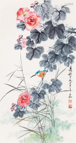 乔木（1920－2002） 芙蓉翠鸟 设色纸本立轴