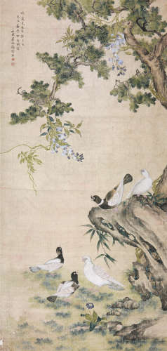 屈兆麟(1866-1937)群鸽柏树图