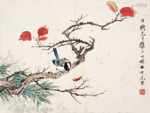 田世光(1916-1999)红叶栖雀