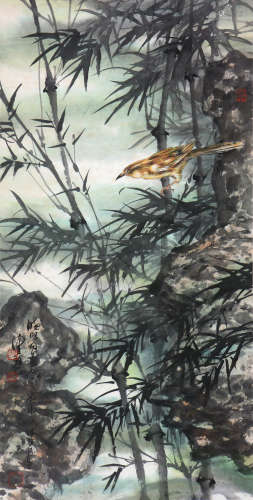 陈佩秋(1922-2020)竹荫翠鸟