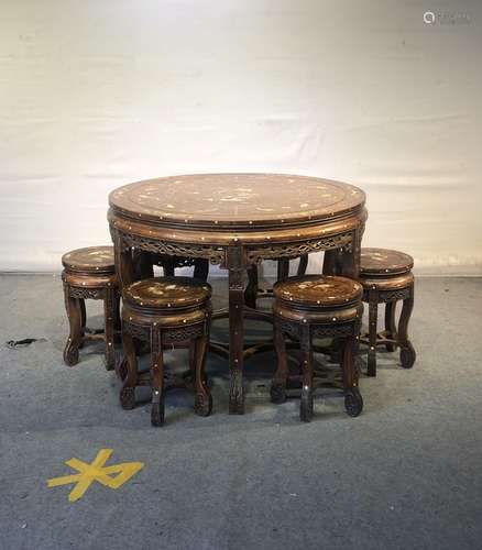 Yellow flower pear with shell round table 6 stools, mortise ...