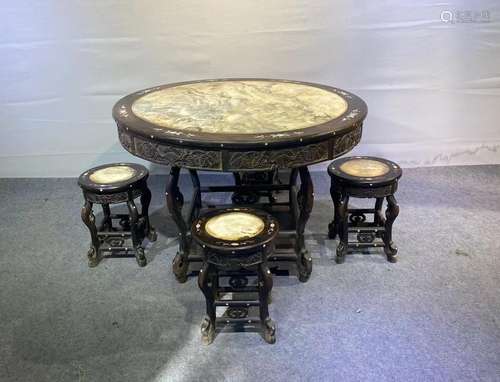 Lobular red sandalwood inlaid with marble, four chair round ...