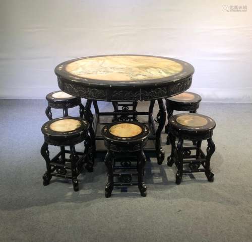 Marble lobular red sandalwood a table, six chairs, round tab...