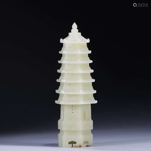 Hetian jade pagodaHigh 15.2 cm, 4.7 cm wide. Weighs 296 gram...