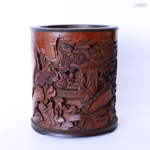 Bamboo brush pot: unique romanceCollection carver of primiti...