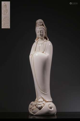 "He Chaozong" dehua white porcelain guanyin stands...