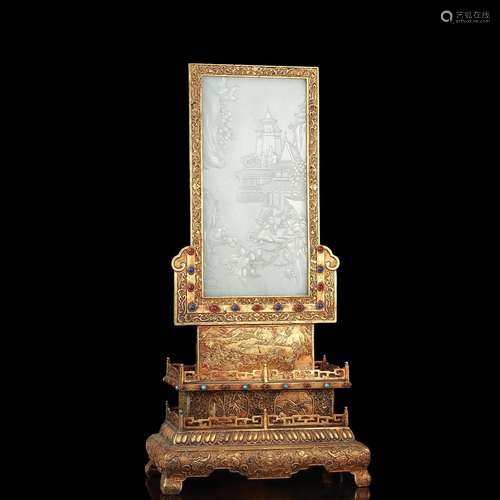 , copper and gold inlaid hetian jade screen furnishing artic...