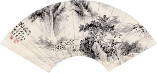 冯超然 戊子（1948） 夏山观瀑 水墨纸本 扇轴