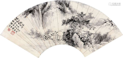 冯超然 戊子（1948） 夏山观瀑 水墨纸本 扇轴