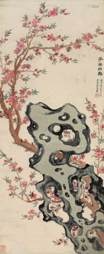 洪范 庚午（1810） 花荣石寿 设色纸本 立轴
