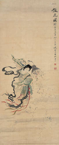 倪田 乙酉（1885） 散花图 设色绢本 屏轴