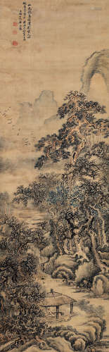 姜筠 丙午（1906） 观瀑图 设色绢本 立轴