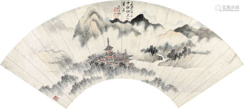 翟大坤 甲子（1804） 云山秋亭 设色纸本 扇面