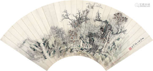 黄宾虹 壬戌（1922） 树下独坐 设色纸本 扇面