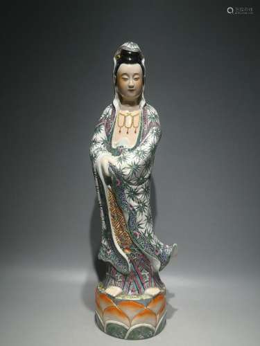 High Deng Yifu made sculpture enamel bamboo stand lotus guan...