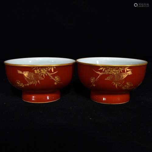 Ji red glaze paint color painting of flowers and grain cup, ...