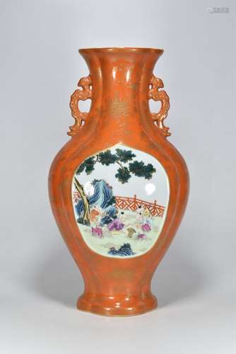 Alum red glaze colour with the window39 cm tall 22 cm in dia...