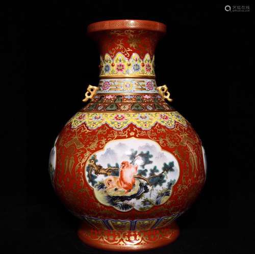 Coral red paint powder enamel window flask, high 43 diameter...