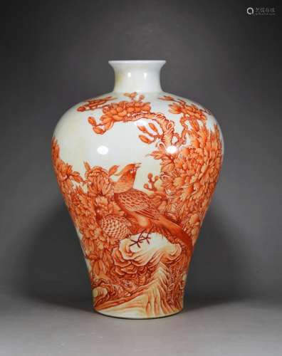 Alum grain mei bottle of red glaze painting of flowers and b...
