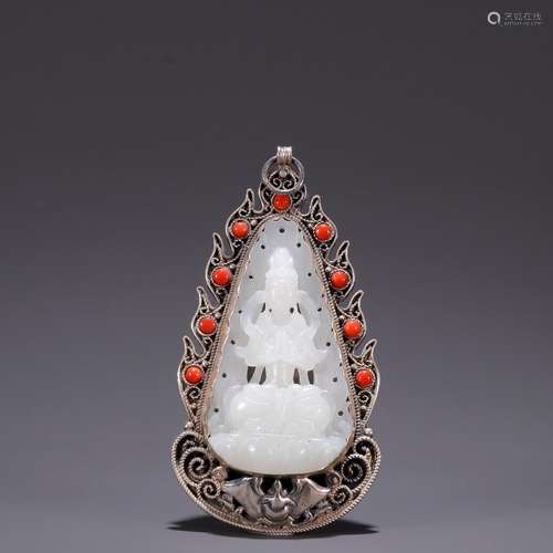 g fall, pure silver inlay hetian jade goddess of mercySpecif...