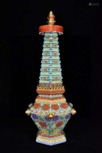 Colored enamel gold heap carved pagoda with six arrises nich...